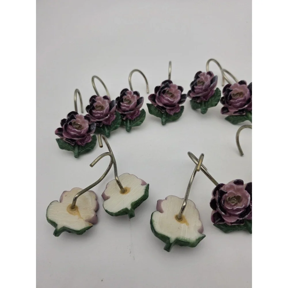 VINTAGE 12 Bordeaux Purple/Lavender Rose Shower Curtain Hooks Rings CottageCore